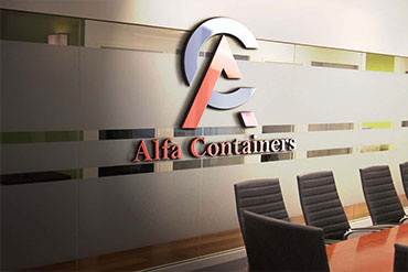 3D office wall logo mockup of alfa containers